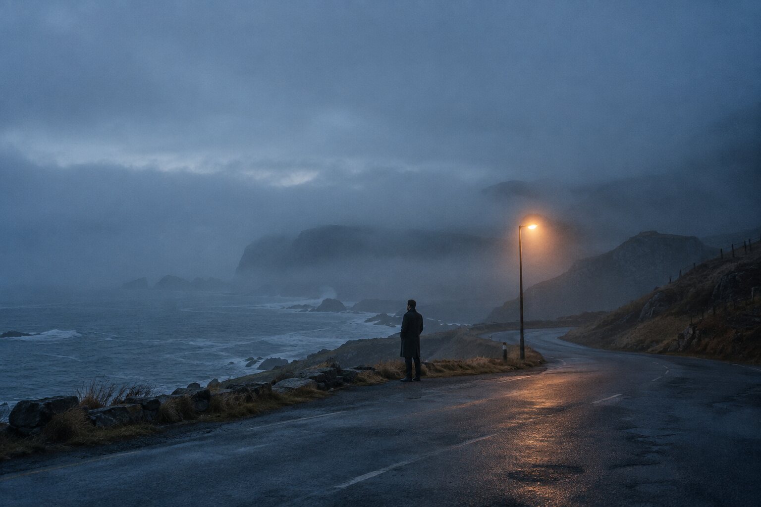 Film still of a figure on a coastal road at blue hour under a single street lamp