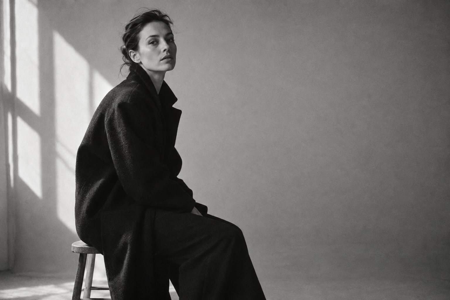Black and white portrait of a model in a black coat, lit by a single window