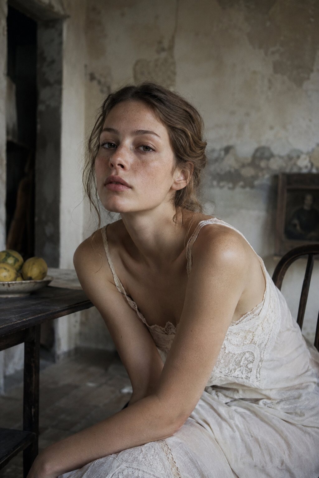 Colour portrait of a woman in a lace slip in an old plastered room